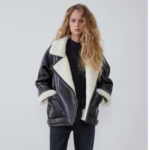 ZARA NWOT Brown Double Faced Faux Leather Jacket Cream Faux Shearling, Size M